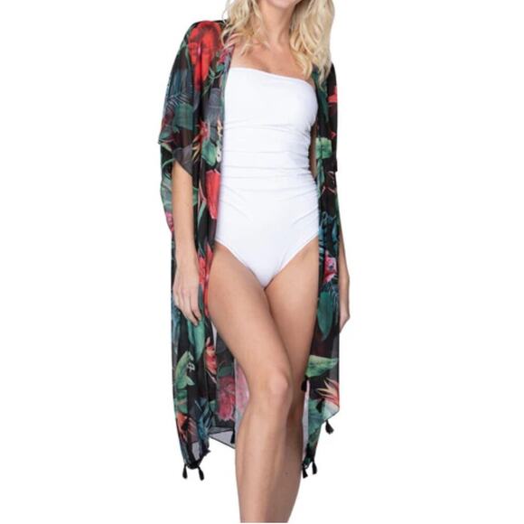 SUBTLE LUXURY | Pool to Party Hibiscus Garden Floral Kimono Wrap Beachy One Size - Picture 2 of 4